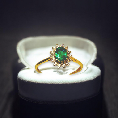 Handmade 14K Gold Emerald Halo Ring with Diamond Accents