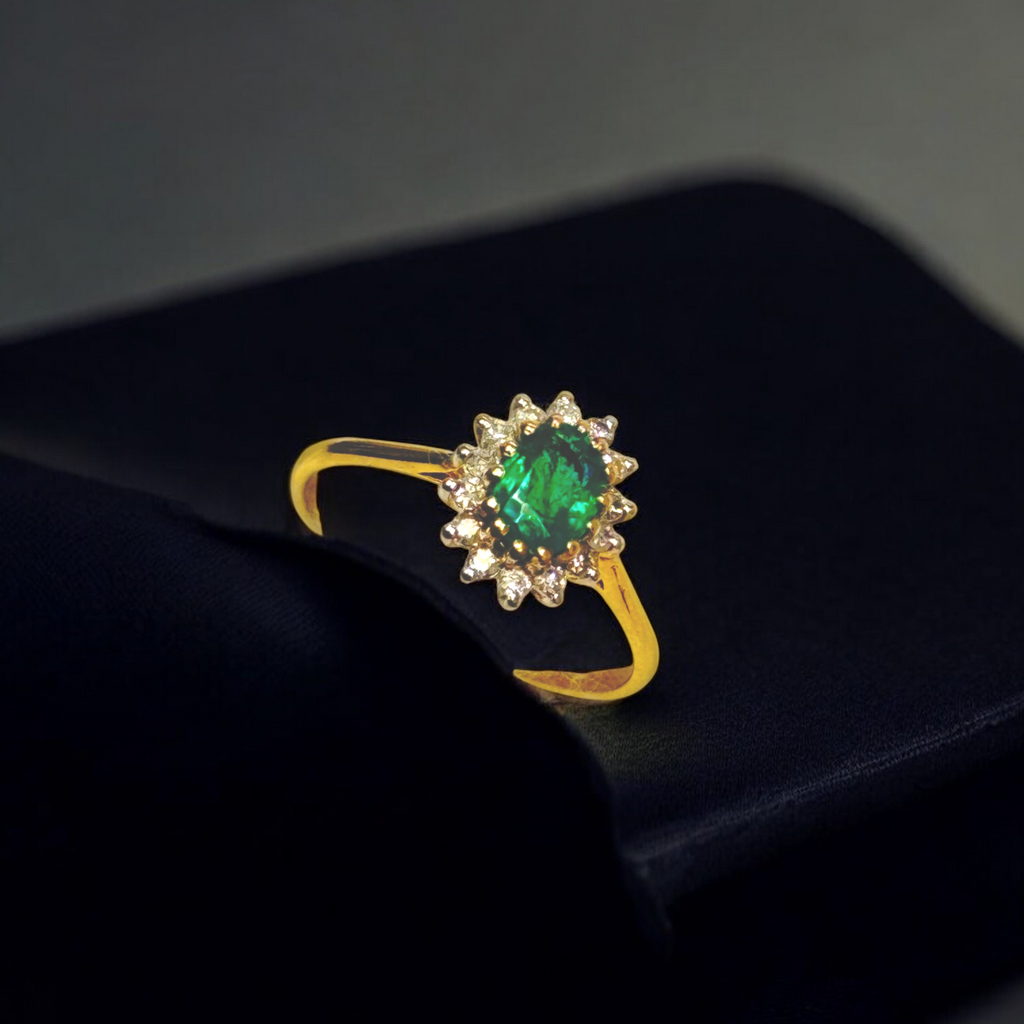 Handmade 14K Gold Emerald Halo Ring with Diamond Accents