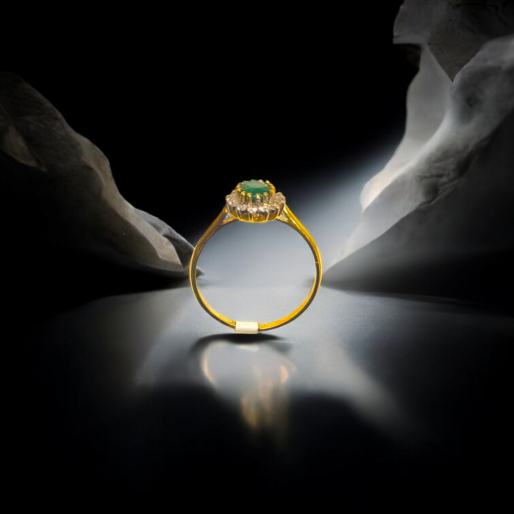 Handmade 14K Gold Emerald Halo Ring with Diamond Accents